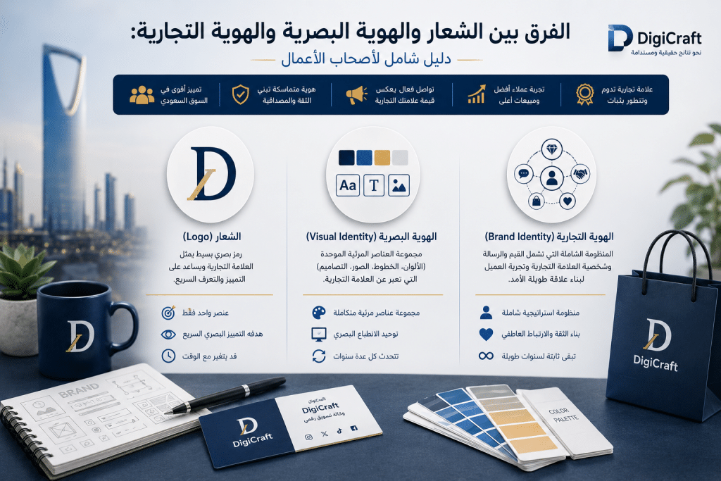 الفرق بين الشعار والهوية البصرية والهوية التجارية: دليل شامل لأصحاب الأعمال