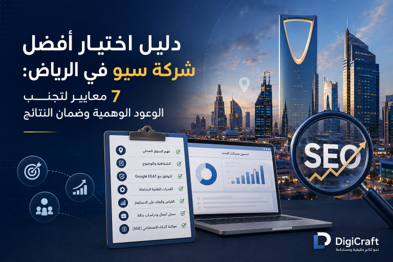 دليل اختيار أفضل شركة سيو في الرياض مع عرض 7 معايير أساسية لتجنب الوعود الوهمية وضمان نتائج SEO مستدامة، يتضمن أفق مدينة الرياض، عناصر تحليل البيانات، وشعار DigiCraft.